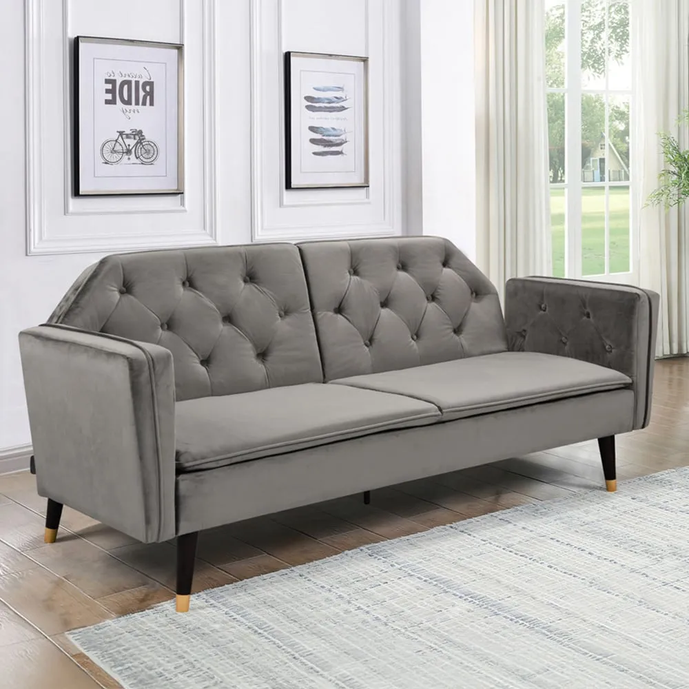 3-Seater Tufted Sofa Bed - Grey, Velvet