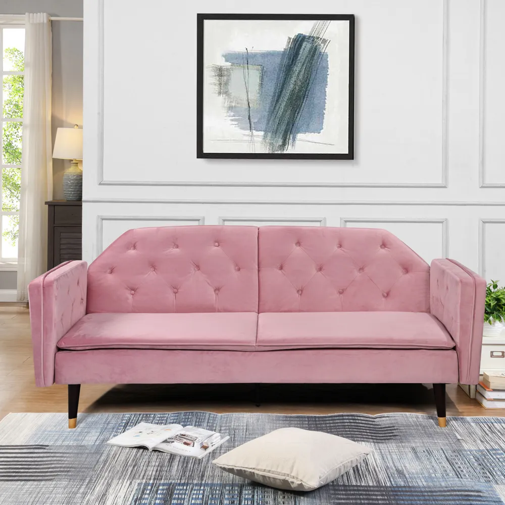 3-Seater Tufted Sofa Bed - Pink, Velvet