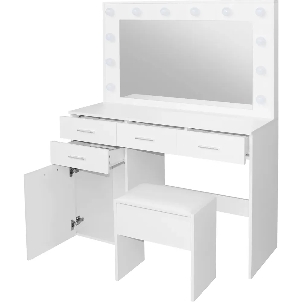4 Drawer 1 Cupboard Dressing Table Set with LED Mirror - White