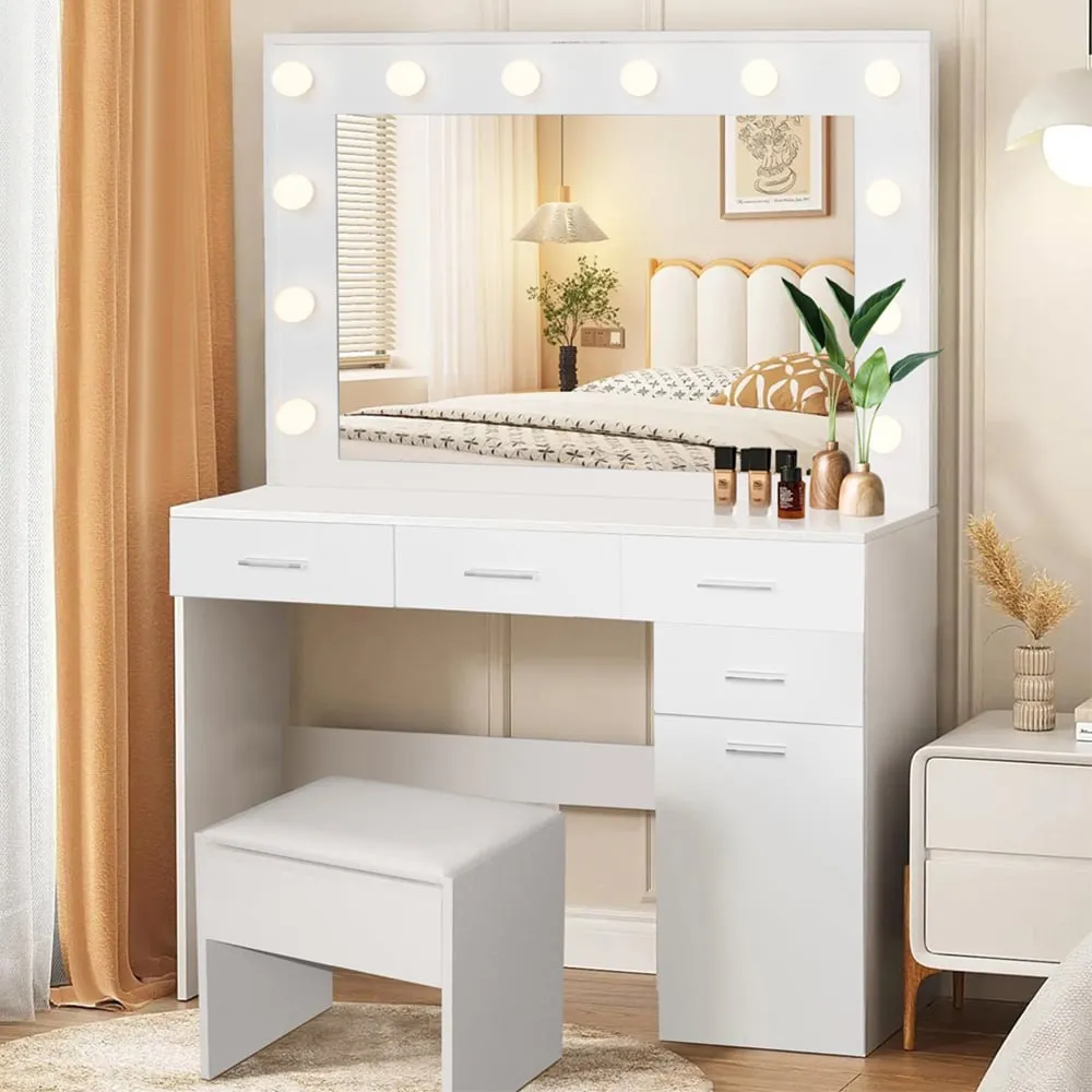 4 Drawer 1 Cupboard Dressing Table Set with LED Mirror - White