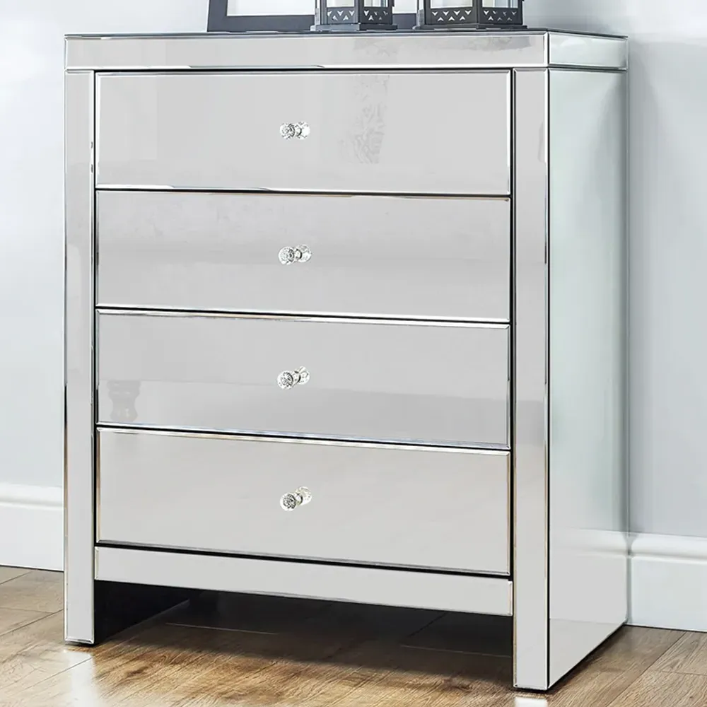 4 Drawer Mirrored Chest of Drawers - Silver