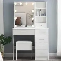 5 Drawer Dressing Table Set with Sliding LED Mirror - White