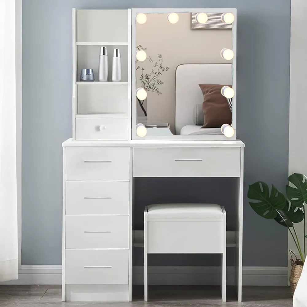 5 Drawer Dressing Table Set with Sliding LED Mirror - White