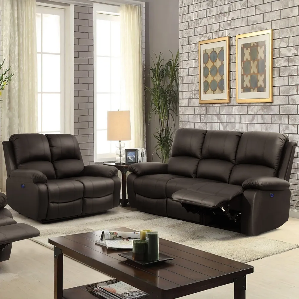 5-Seater Electric Recliner Sofa Set - Brown, PU Leather
