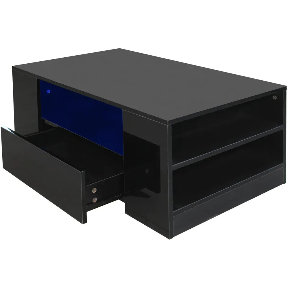 5 Shelf 2 Drawer Coffee Table with LED - Black, High Gloss