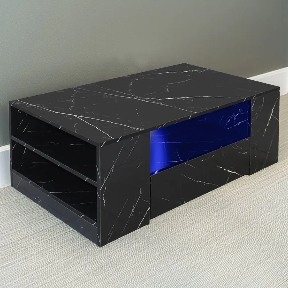 5 Shelf 2 Drawer Coffee Table with LED - Black, High Gloss image