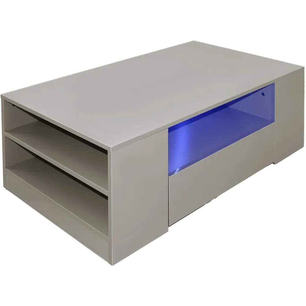 5 Shelf 2 Drawer Coffee Table with LED - Grey, High Gloss