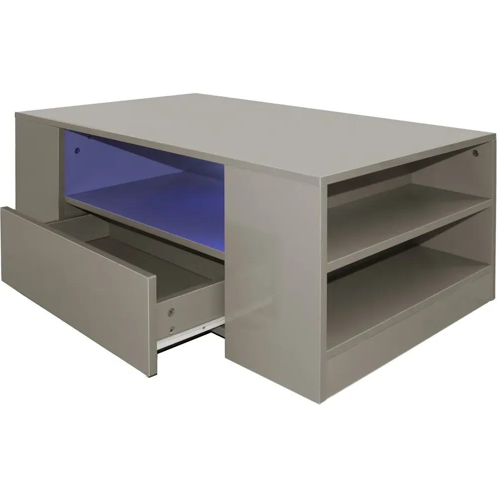 5 Shelf 2 Drawer Coffee Table with LED - Grey, High Gloss