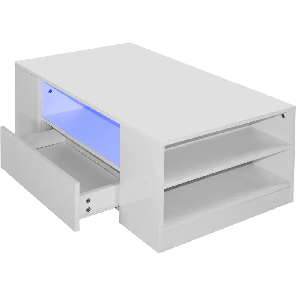 5 Shelf 2 Drawer Coffee Table with LED - White, High Gloss