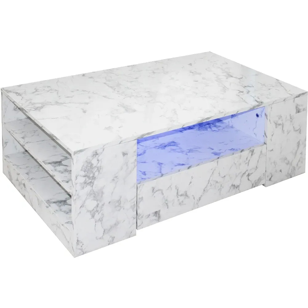 5 Shelf 2 Drawer Coffee Table with LED - White, High Gloss