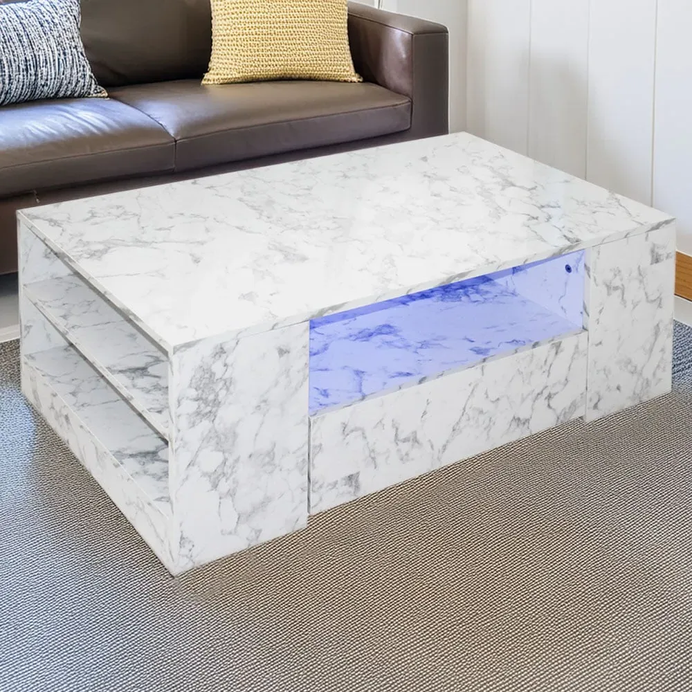 5 Shelf 2 Drawer Coffee Table with LED - White, High Gloss