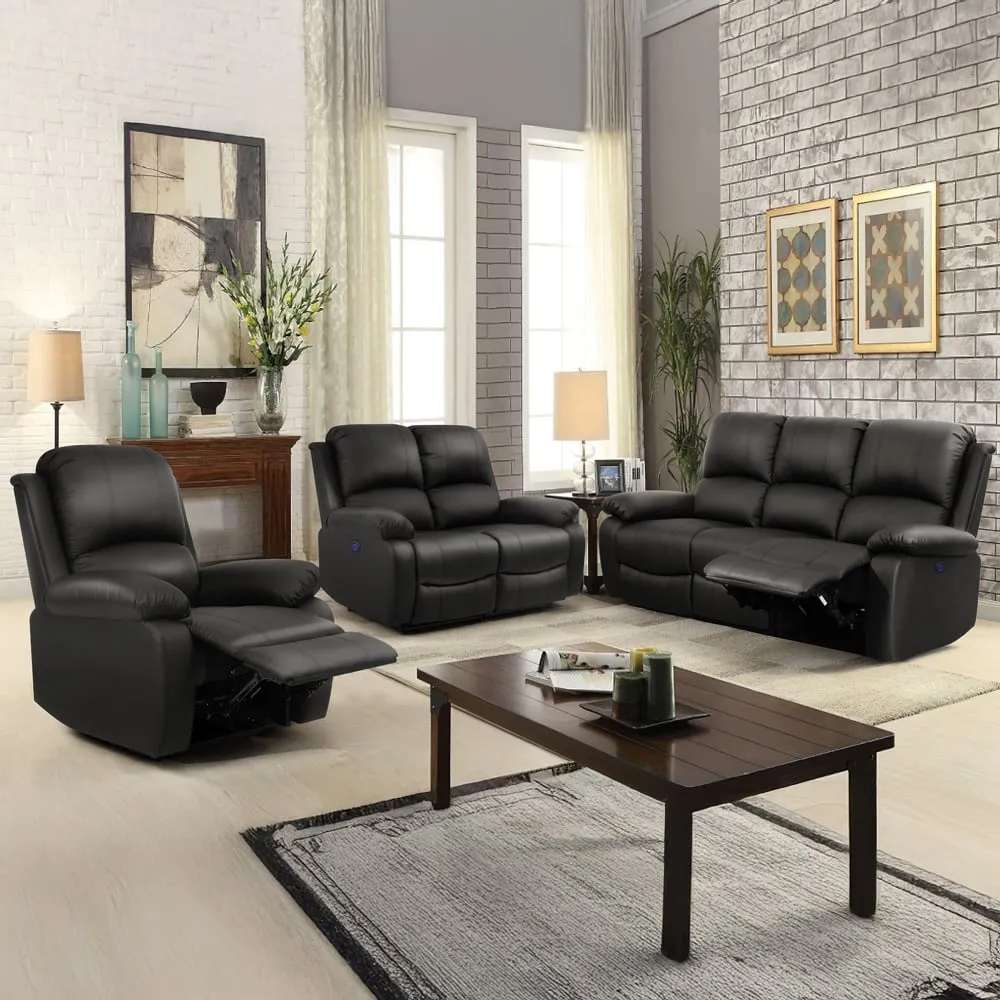 6-Seater Electric Recliner Sofa Set - Black, PU Leather