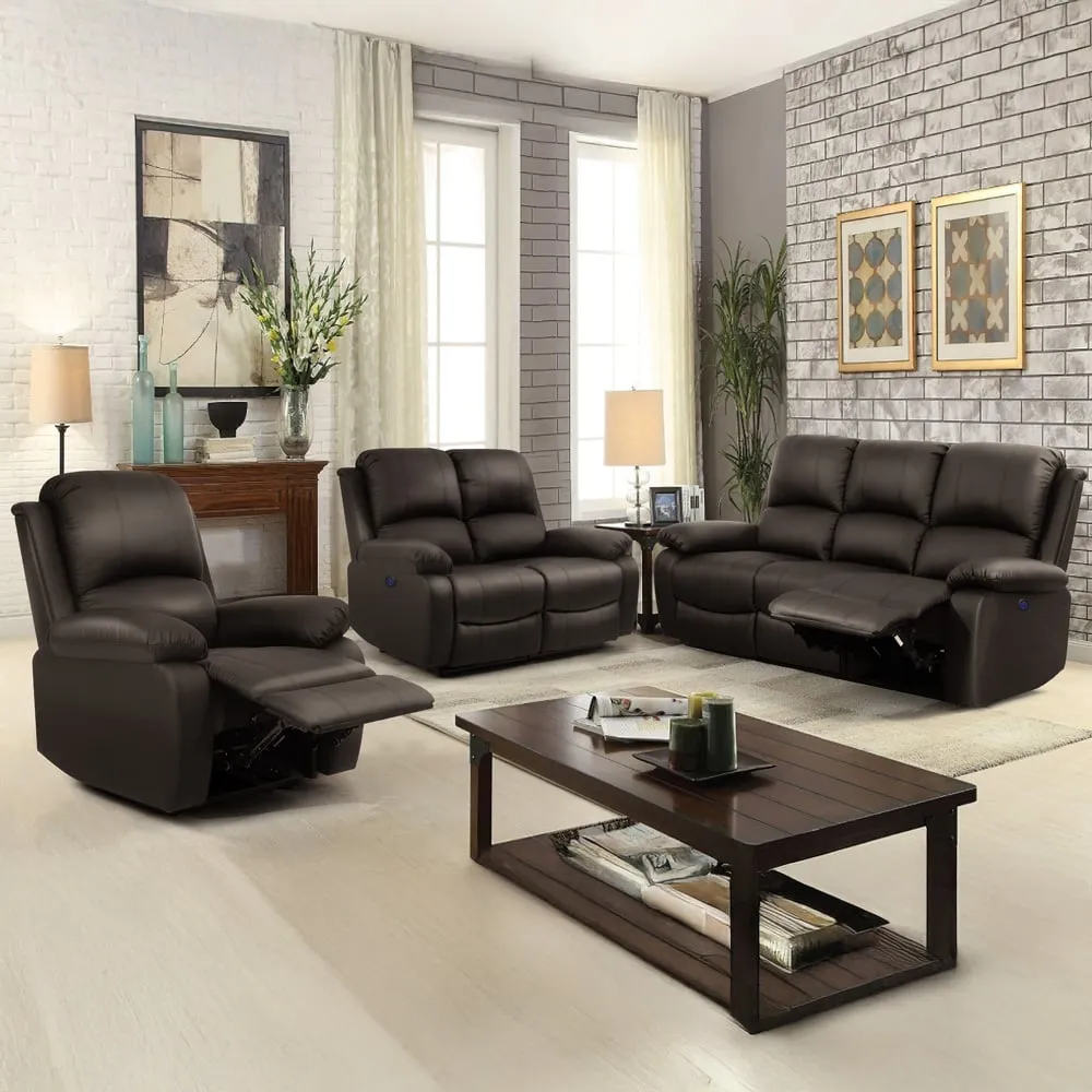 6-Seater Electric Recliner Sofa Set - Brown, PU Leather