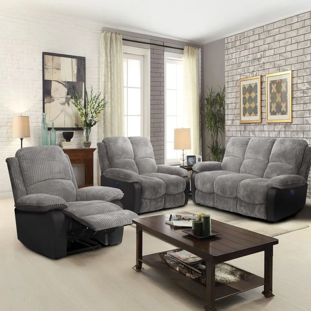 6-Seater Electric Recliner Sofa Set - Grey, Cord Fabric