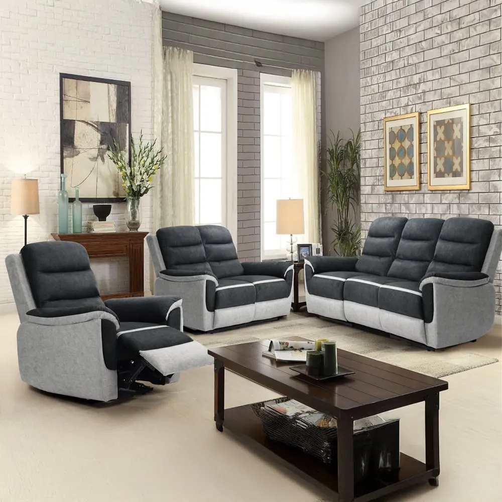 6-Seater Recliner Sofa Set with Manual Recline - Grey, Fabric