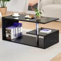 Abstract LED Coffee Table with Storage - Black Marble Effect