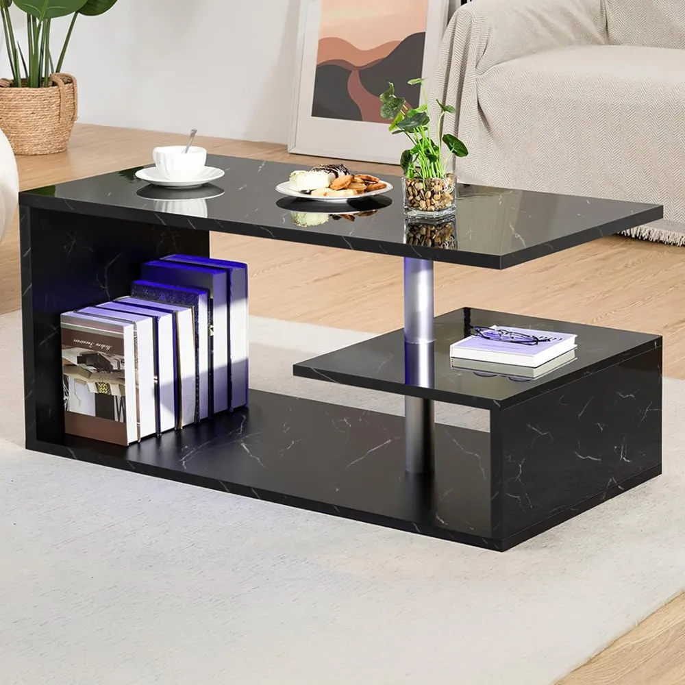 Abstract LED Coffee Table with Storage - Black Marble Effect