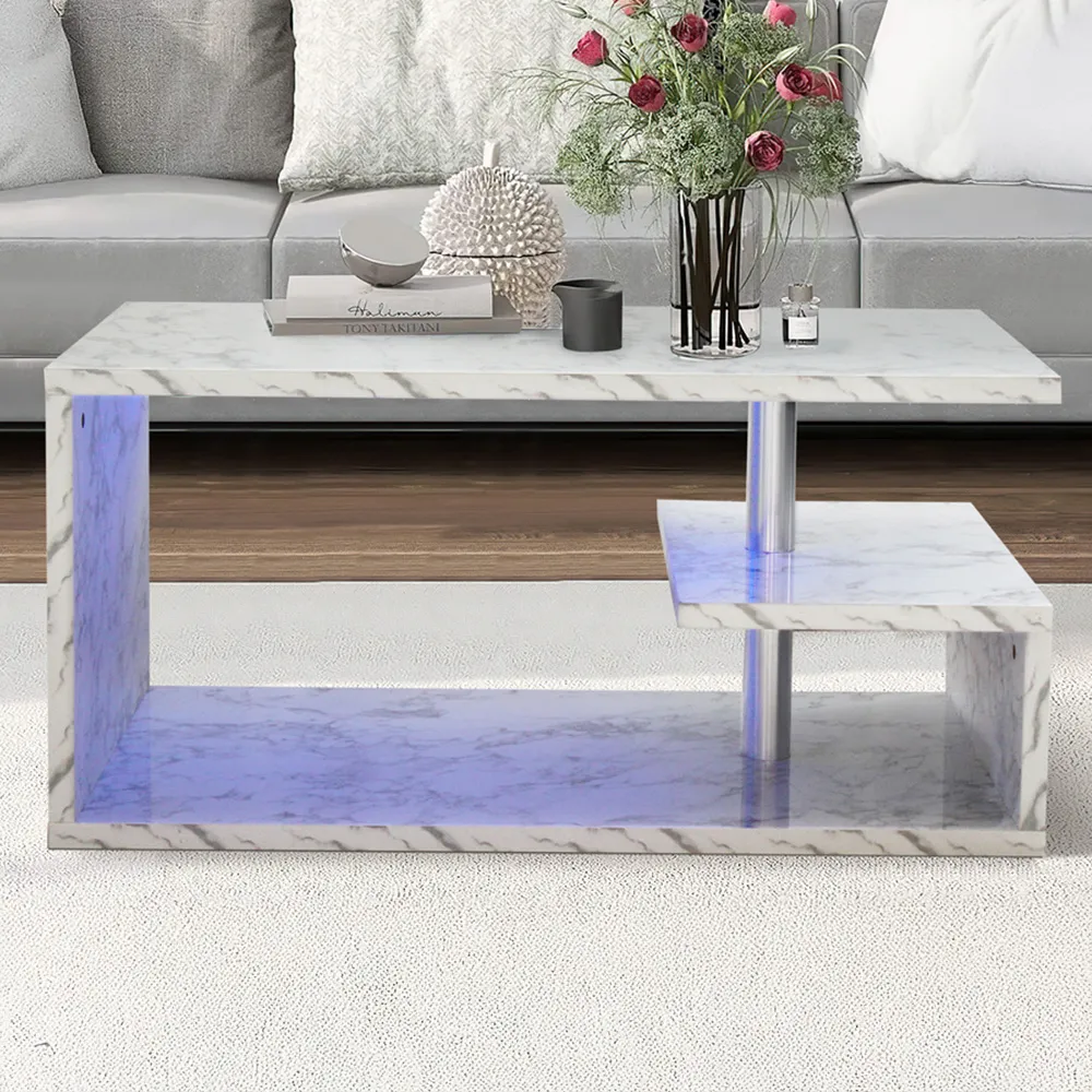 Abstract LED Coffee Table with Storage - White Marble Effect