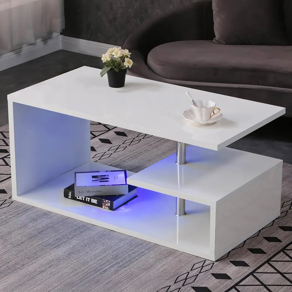 Abstract LED Coffee Table with Storage - White