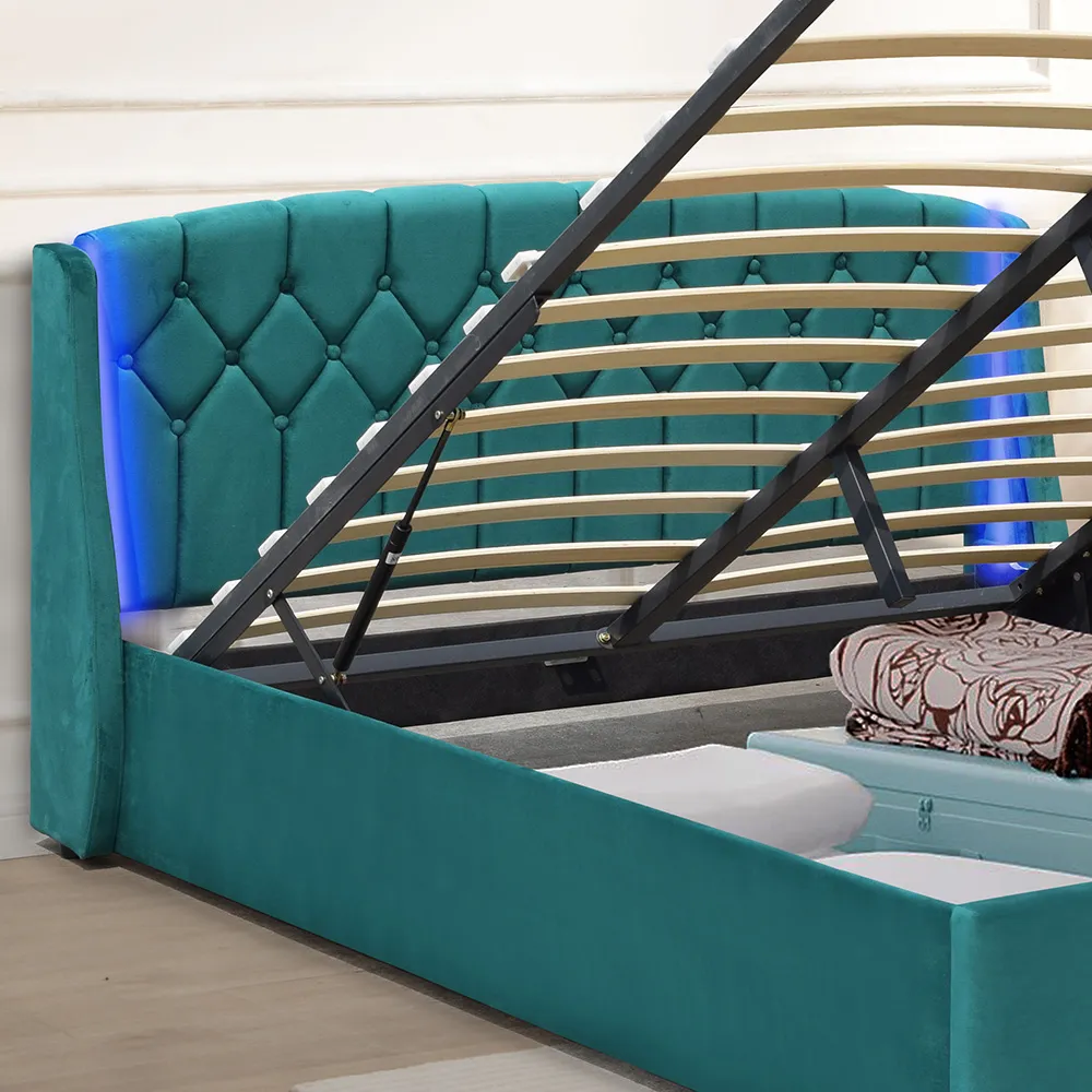Double Bed Frame with LED Headboard and Storage - Green, Fabric
