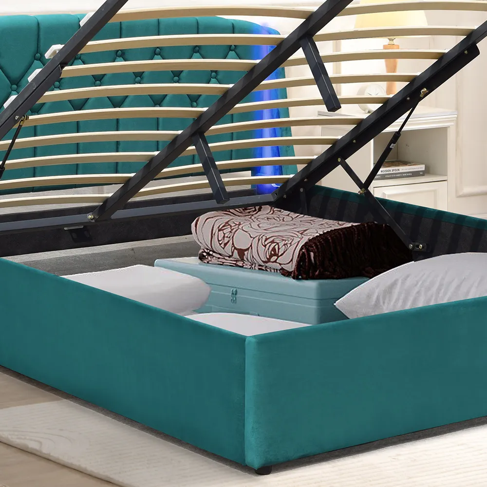 Double Bed Frame with LED Headboard and Storage - Green, Fabric