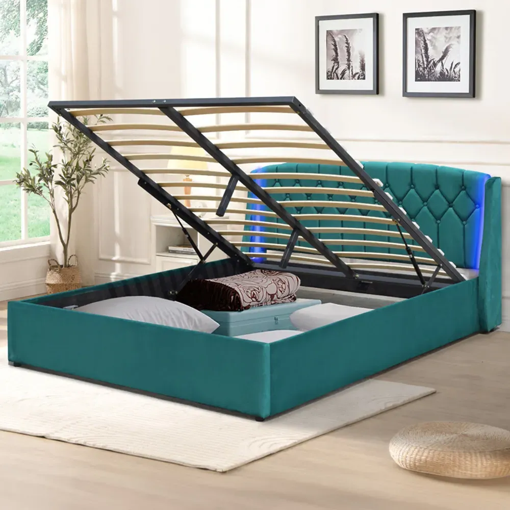 Double Bed Frame with LED Headboard and Storage - Green, Fabric