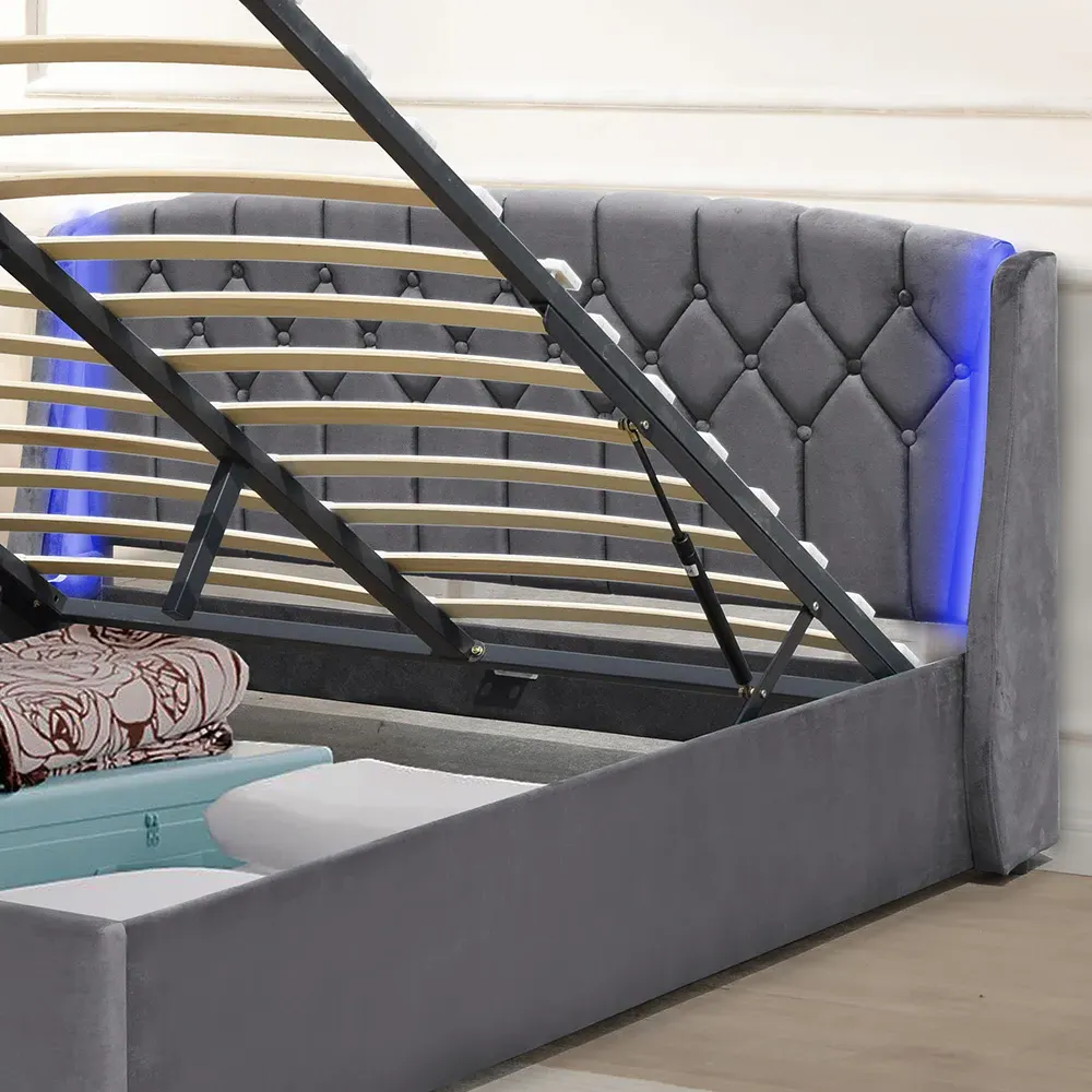 Double Bed Frame with LED Headboard and Storage - Grey, Fabric