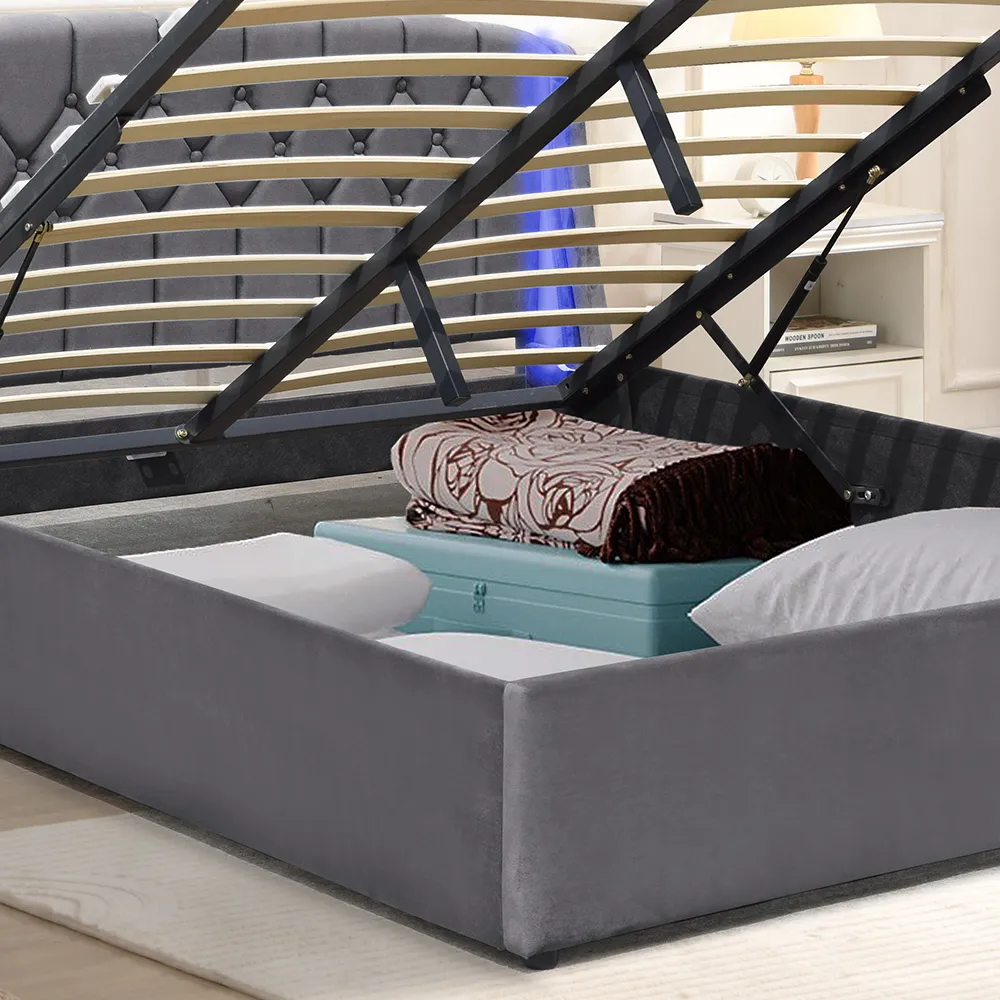 Double Bed Frame with LED Headboard and Storage - Grey, Fabric
