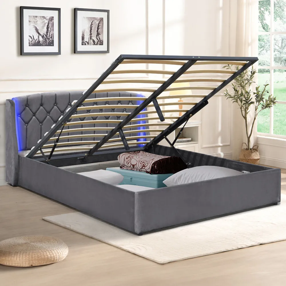 Double Bed Frame with LED Headboard and Storage - Grey, Fabric