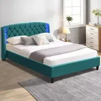 Double Bed Frame with LED Headboard - Green, Fabric