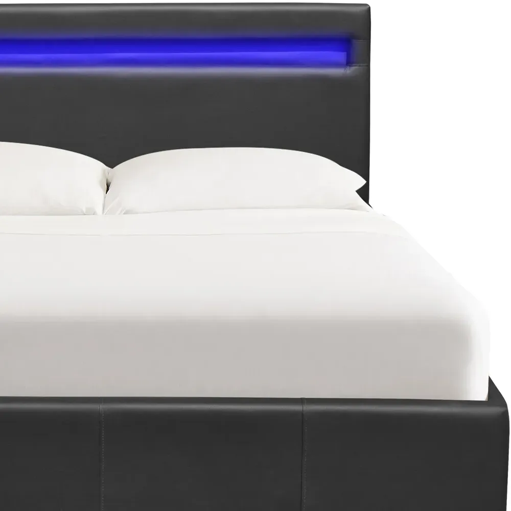 Double Ottoman Bed Frame with LED - Black, Faux Leather