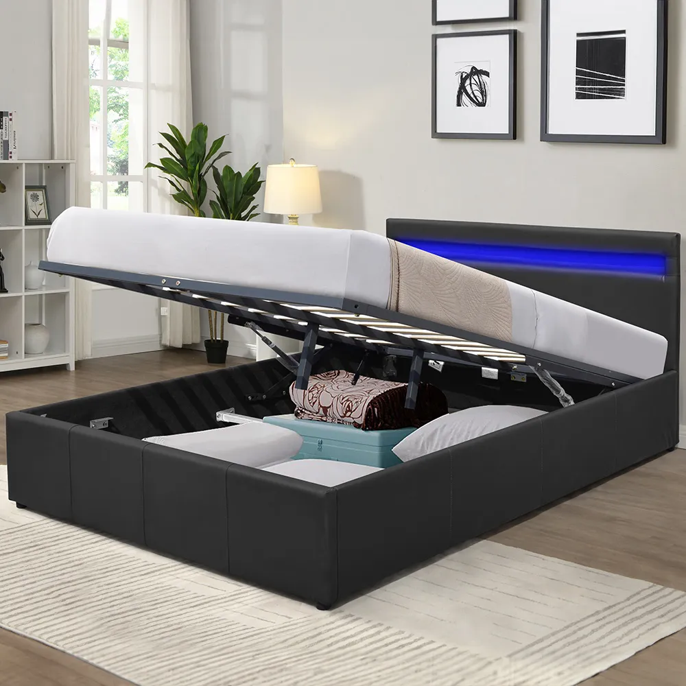 Double Ottoman Bed Frame with LED - Black, Faux Leather