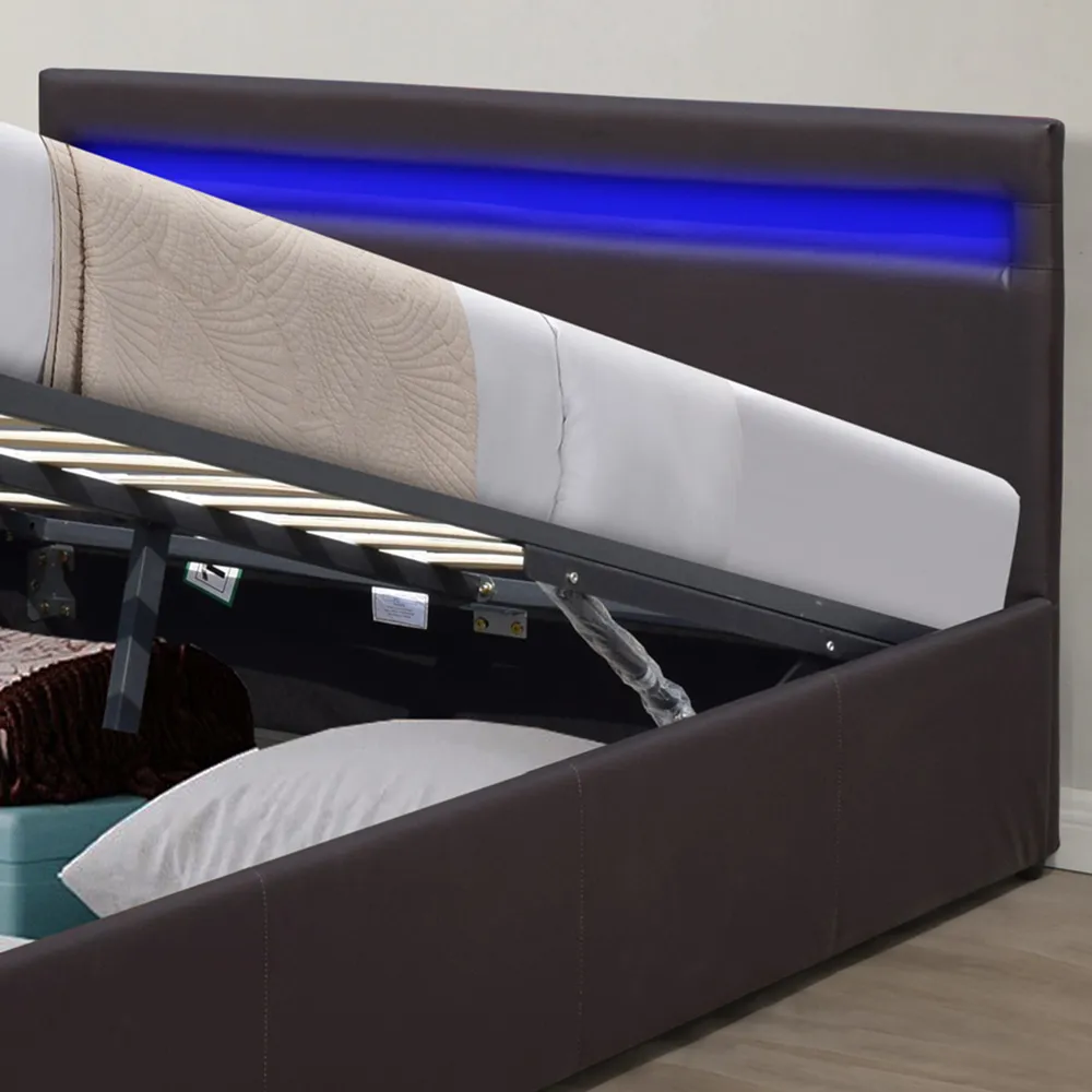 Double Ottoman Bed Frame with LED Storage - Brown, Faux Leather