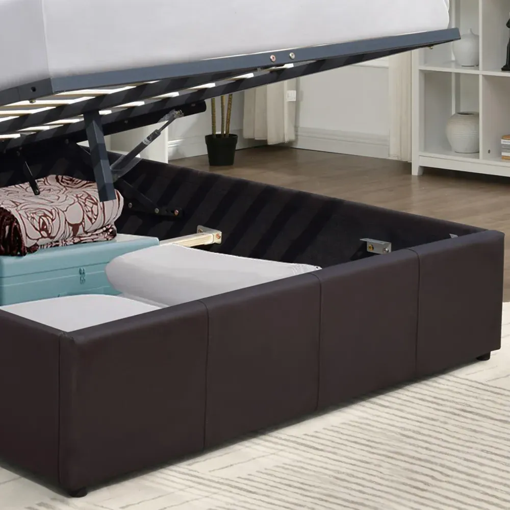 Double Ottoman Bed Frame with LED Storage - Brown, Faux Leather