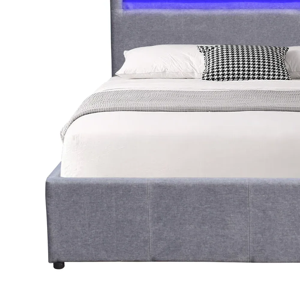 Double Ottoman Bed Frame with LED Storage - Light Grey