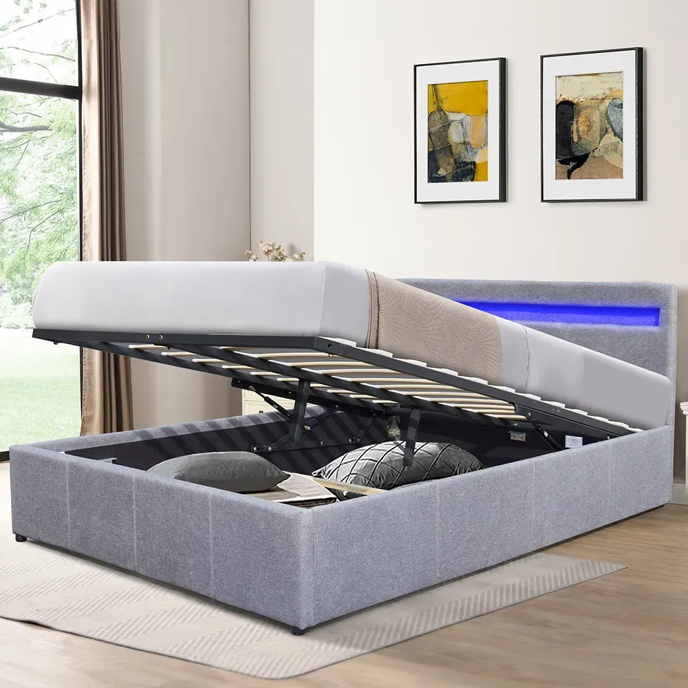 Double Ottoman Bed Frame with LED Storage - Light Grey