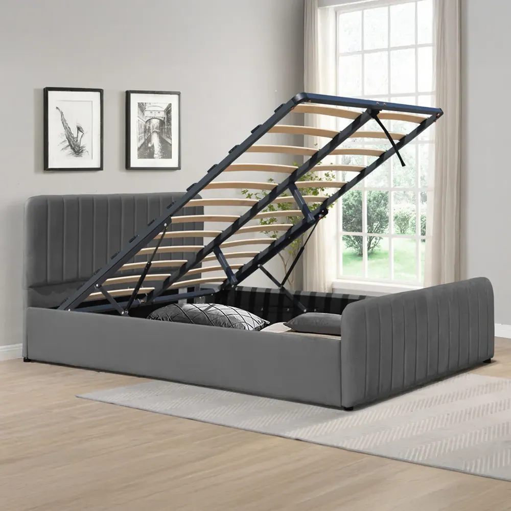 Double Ottoman Bed Frame with Storage - Grey, Velvet