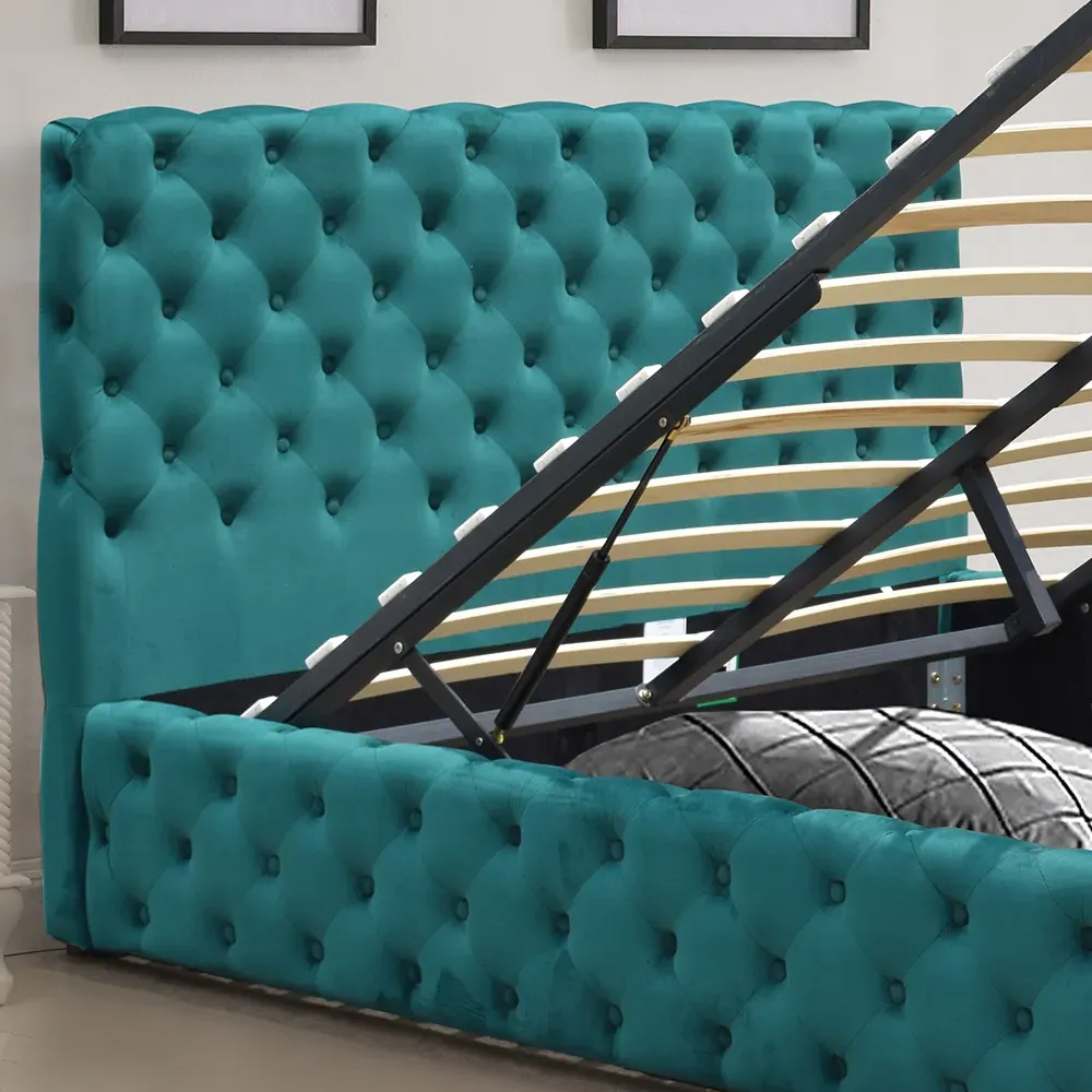 Double Tufted Bed Frame with Storage - Green, Fabric
