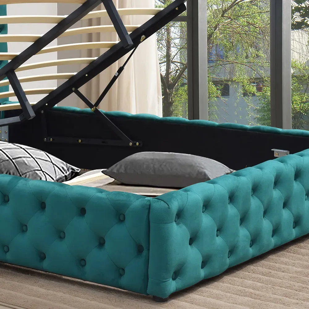 Double Tufted Bed Frame with Storage - Green, Fabric
