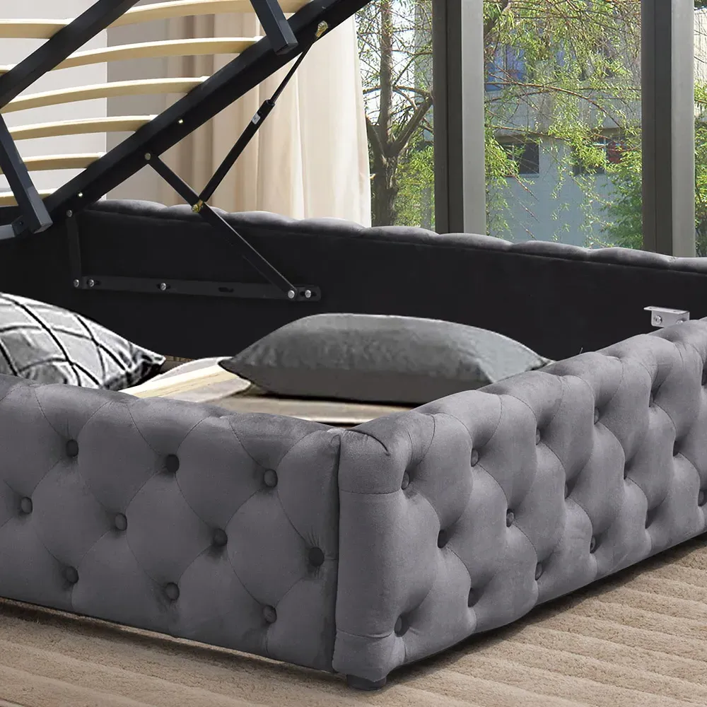 Double Tufted Bed Frame with Storage - Grey, Fabric