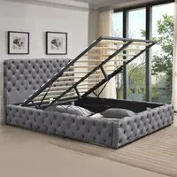 Double Tufted Bed Frame with Storage - Grey, Fabric