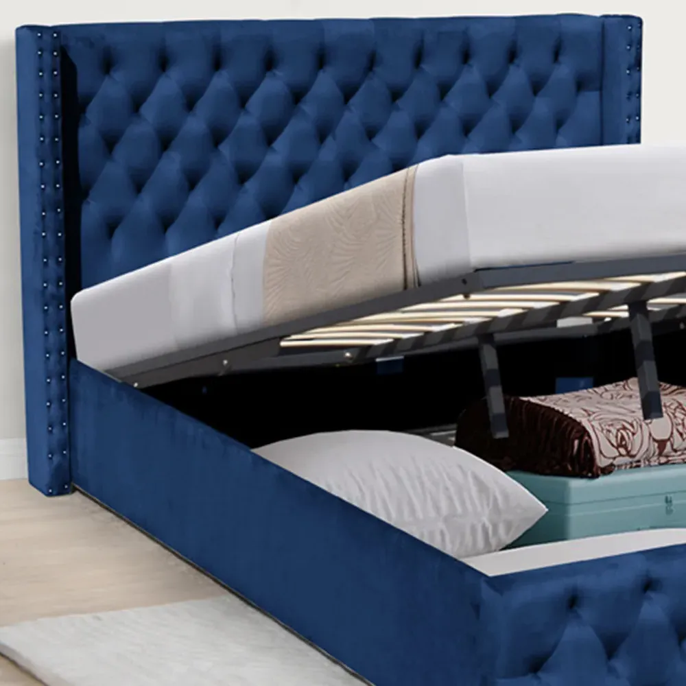 Double Winged Ottoman Bed Frame with Storage - Blue, Velvet