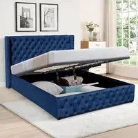 Double Winged Ottoman Bed Frame with Storage - Blue, Velvet