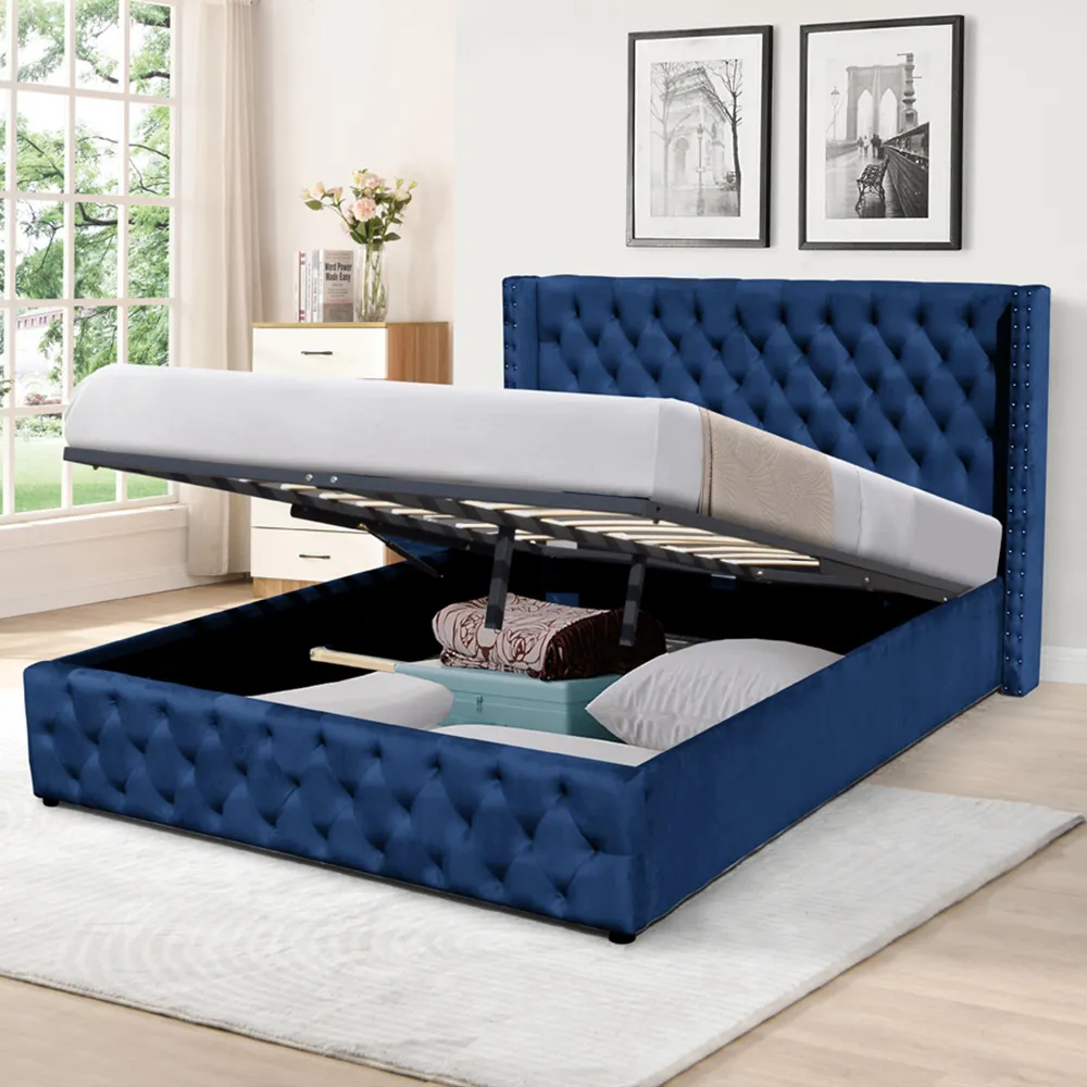 Double Winged Ottoman Bed Frame with Storage - Blue, Velvet