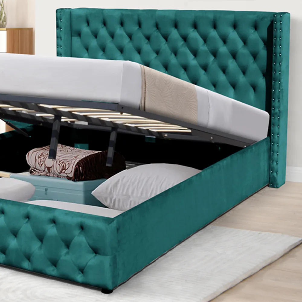 Double Winged Ottoman Bed Frame with Storage - Green, Velvet