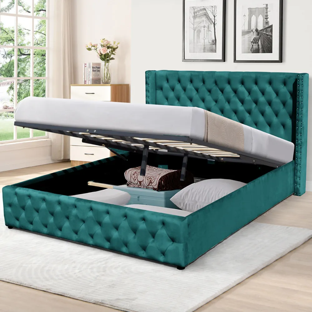 Double Winged Ottoman Bed Frame with Storage - Green, Velvet