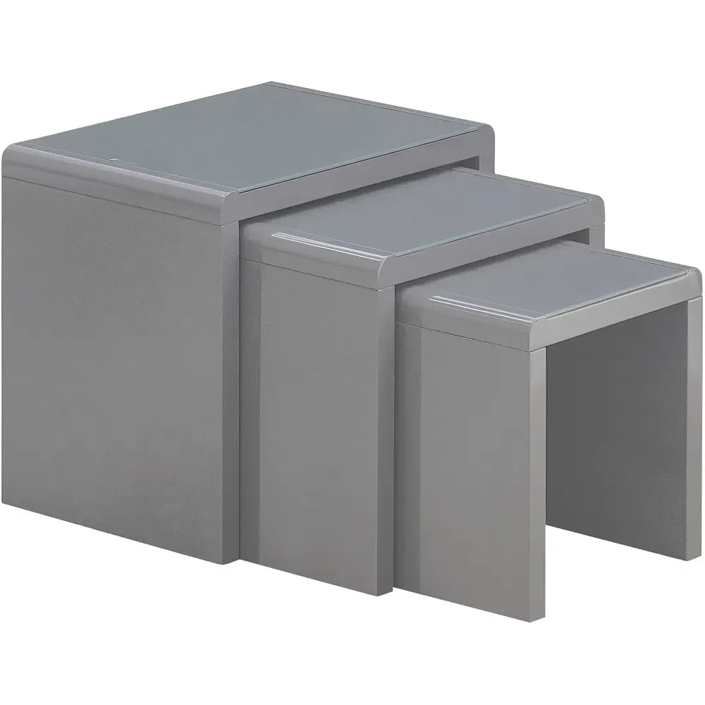 High Gloss Glass Nest of Tables Set of 3 - Grey
