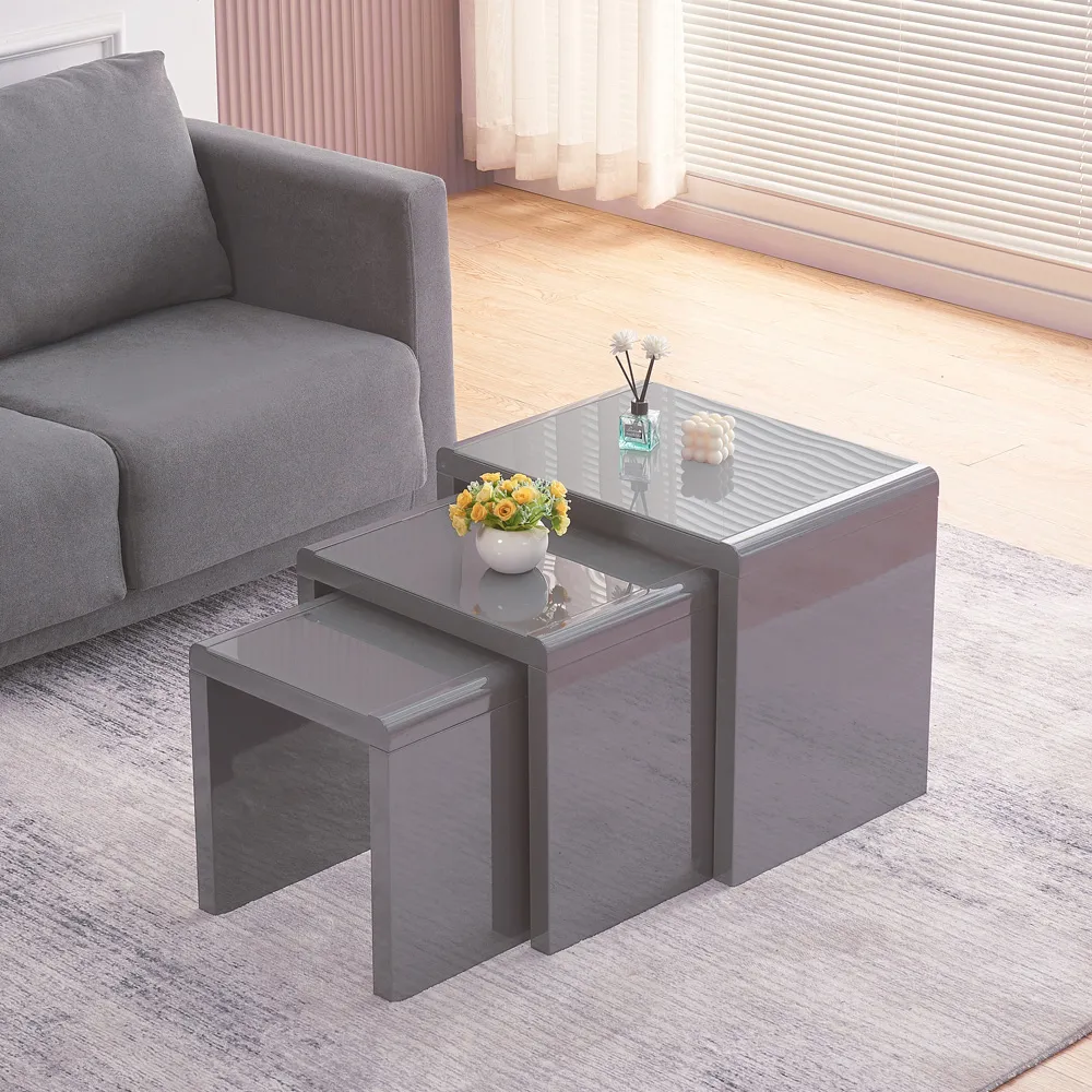 High Gloss Glass Nest of Tables Set of 3 - Grey