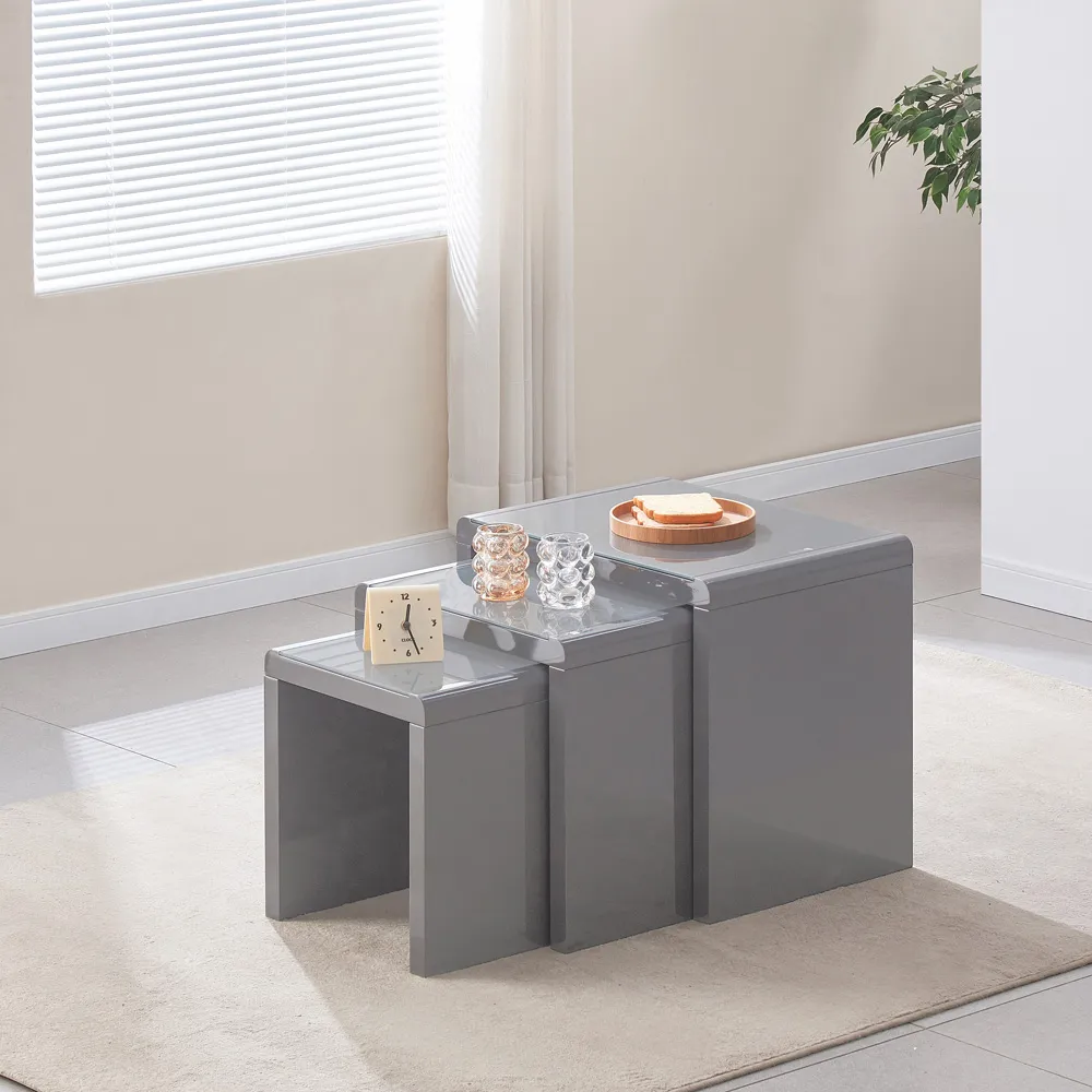 High Gloss Glass Nest of Tables Set of 3 - Grey