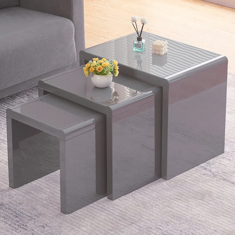 High Gloss Glass Nest of Tables Set of 3 - Grey image